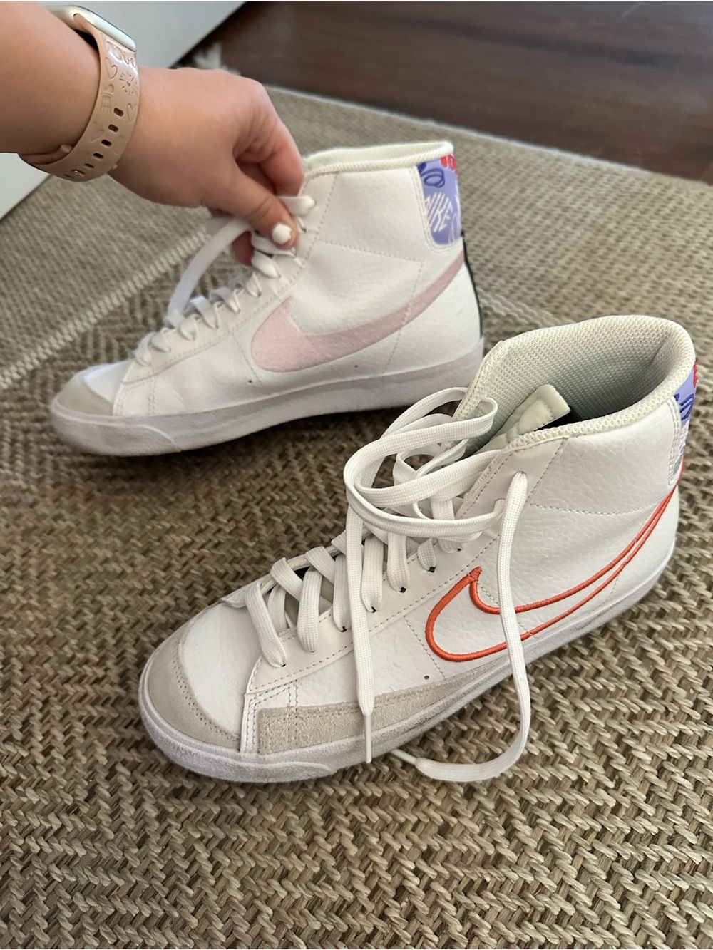 Nike Kids High-Top Sneakers - White with Pink & Orange Swooshes